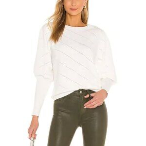 Milly Size XL White Diagonal Pointelle Long Mutton Puff Sleeve Sweater Top